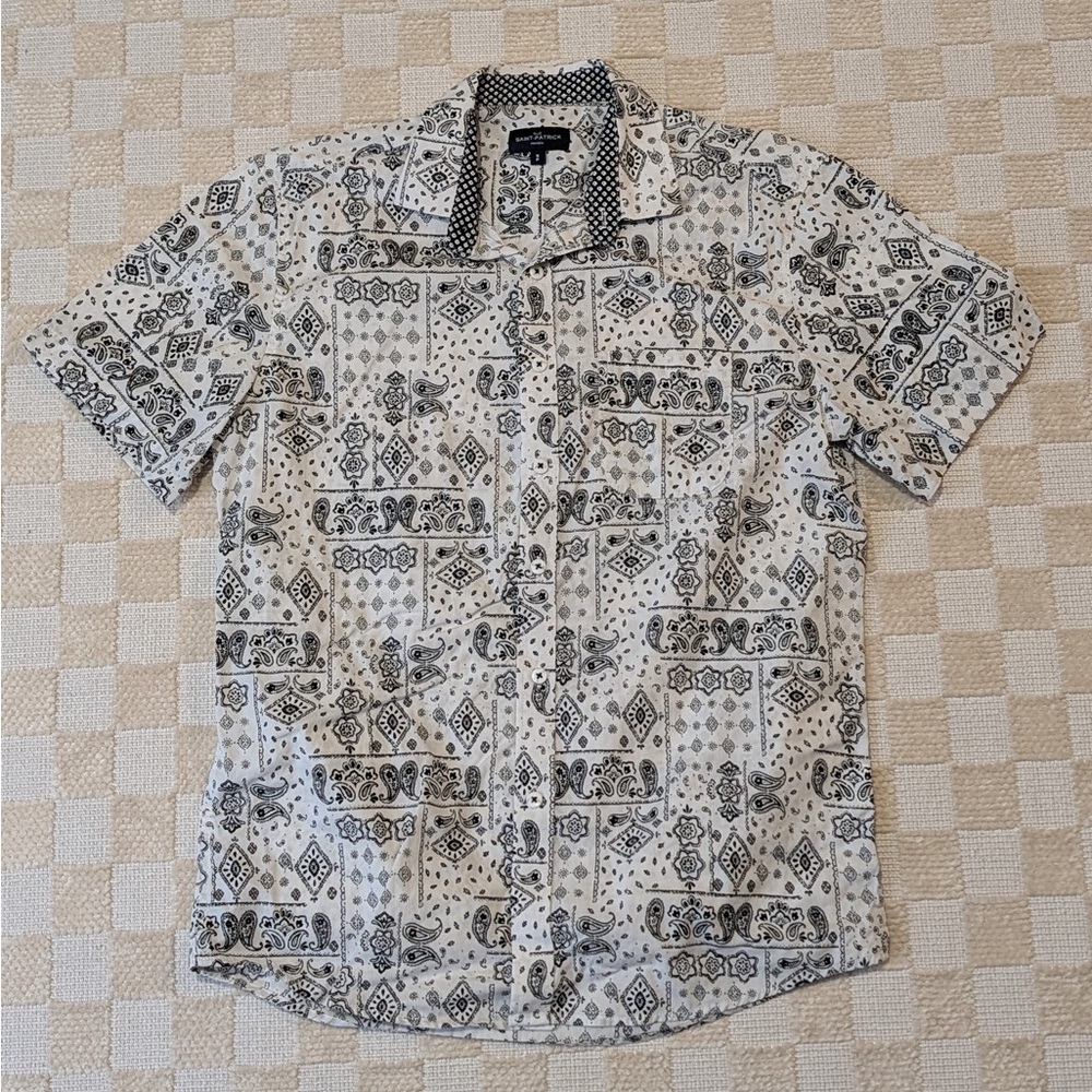 Men's Rue Saint-Patrick Black and White Geometric Patterned Shirt Size Small